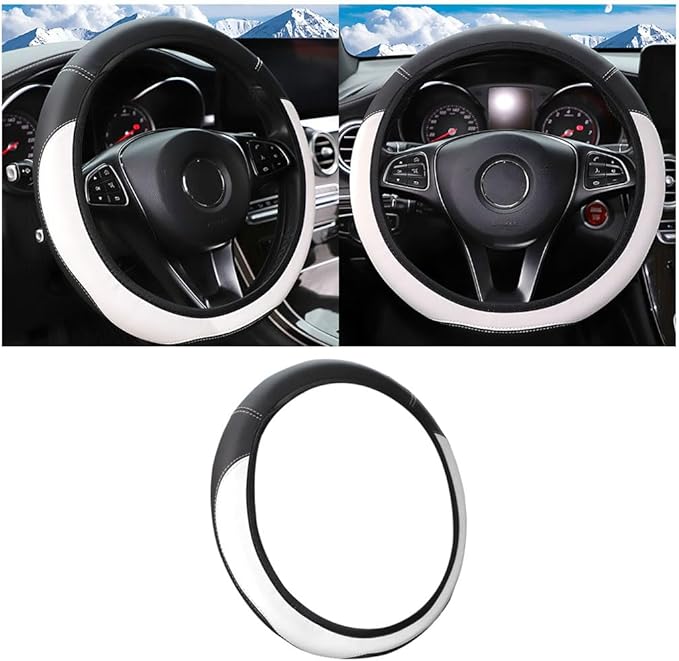 Car Steering Wheel Cover, Leather Elastic No Inner Ring Vehicle Steering Wheel Protector for 14.5-15Inch, Anti Slip Auto Interior Protection Accessories, Universal for SUV Sedan Truck (White)