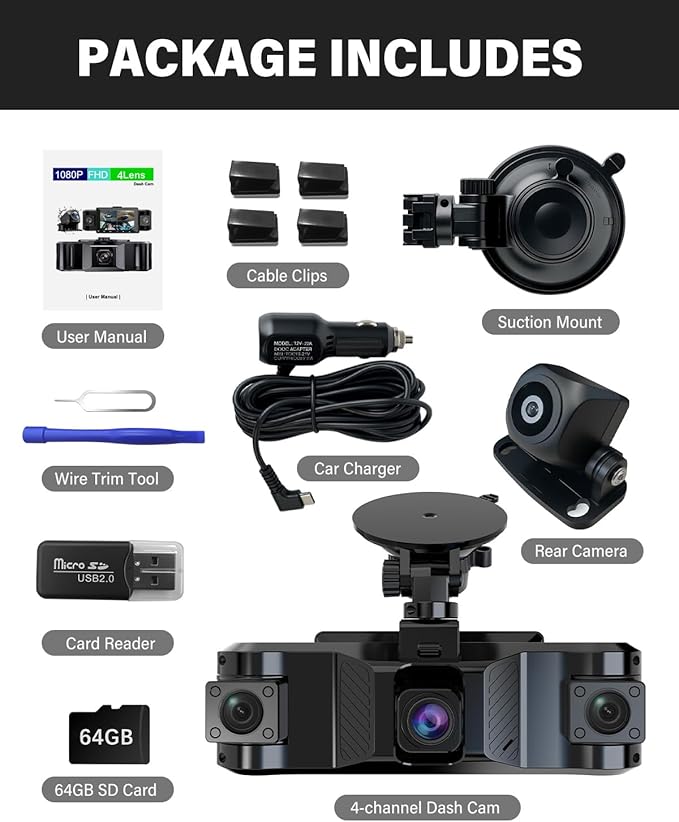 QXTAMO® 4 Channel Dash Cam Front and Rear Inside Left Right, 360 Degree View Dash Camera for Cars, 1080P Dashcam, 5G WiFi Car Camera with Night Vision, 24/7 Parking Monitor, G-Sensor, Free 64GB Card