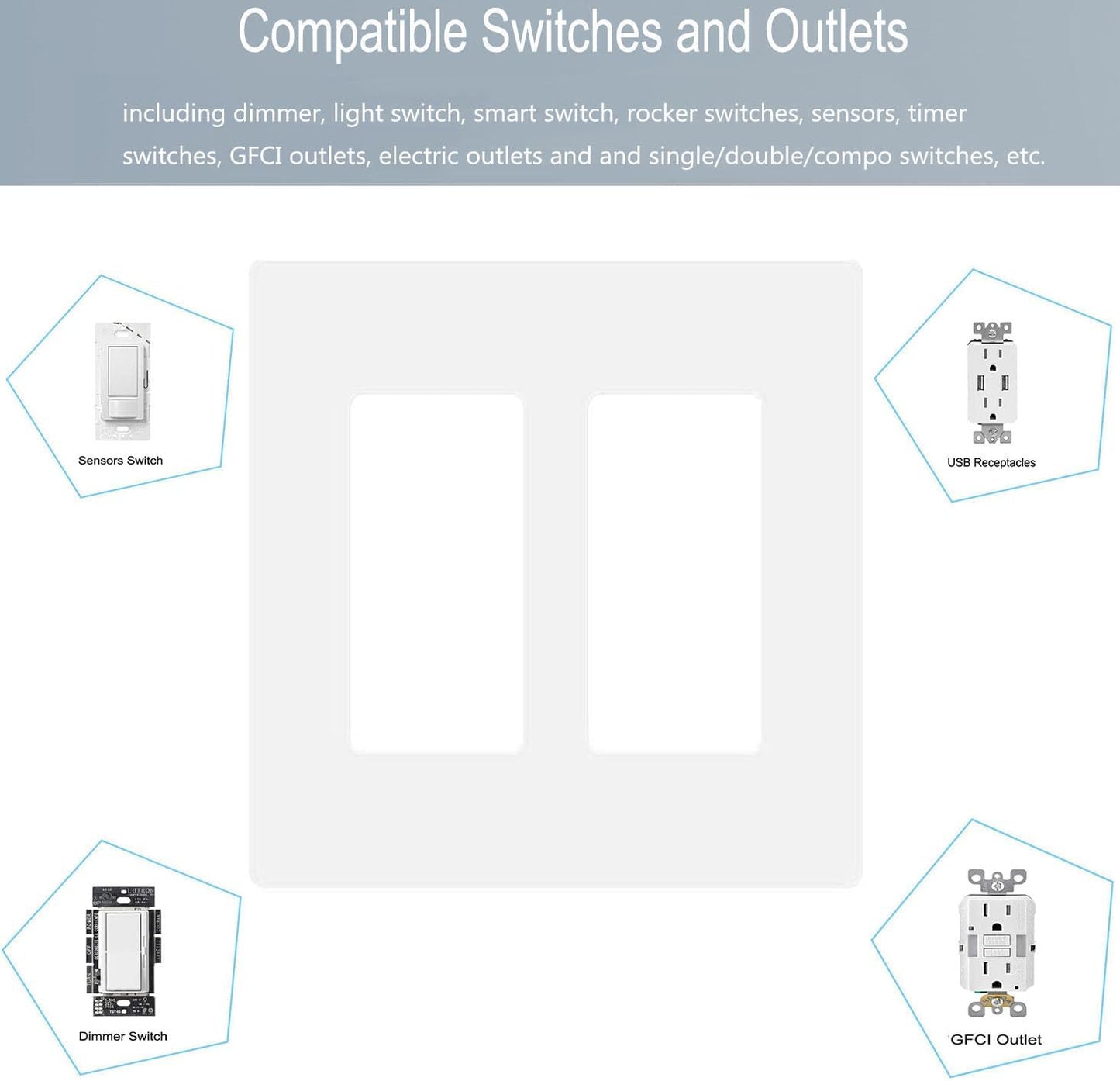 2-Gang Screwless Decora Wall Plate Cover Double Switch Outlet Electrical Faceplate for Light Switch, Smart Switch, Receptacle, Dimmers, USB Outlet, GFCI, Child Safe Cover Plate, White (10-Pack)