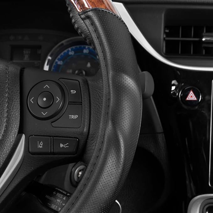 BDK Dark Wood Grain Steering Wheel Cover with Black Faux Leather Comfort Grip, Standard 15 inch Size, Car Steering Wheel Cover for Truck Van SUV Auto