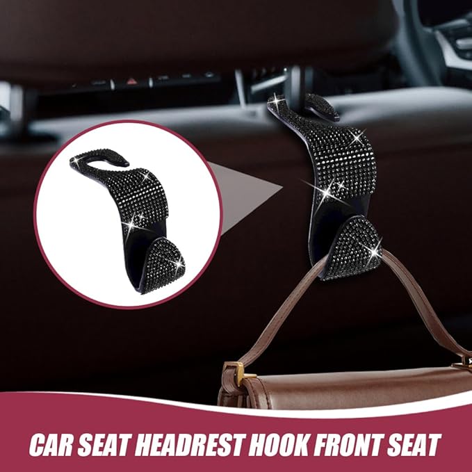 2 Pack Car Seat Headrest Hook, Bling Car Hooks Front Seat, Back Seat Organizer Hanger Storage Hook Car Purse Hook for Bags, Clothes, Coats, Grocery Bags (Black)