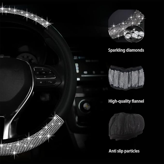 Diamond Steering Wheel Cover, Crystal Rhinestone Steering Cover, 15 Inch Steering Wheel Protector for Women or Men, Easy Installation and Cleaning (Silver Diamond)