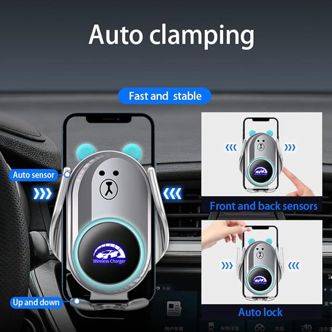 Phone Mount for Car Wireless Charger Auto Clamping with Rotatable Vent Clip Cute Bear for iPhone Samsung Andriod Phone