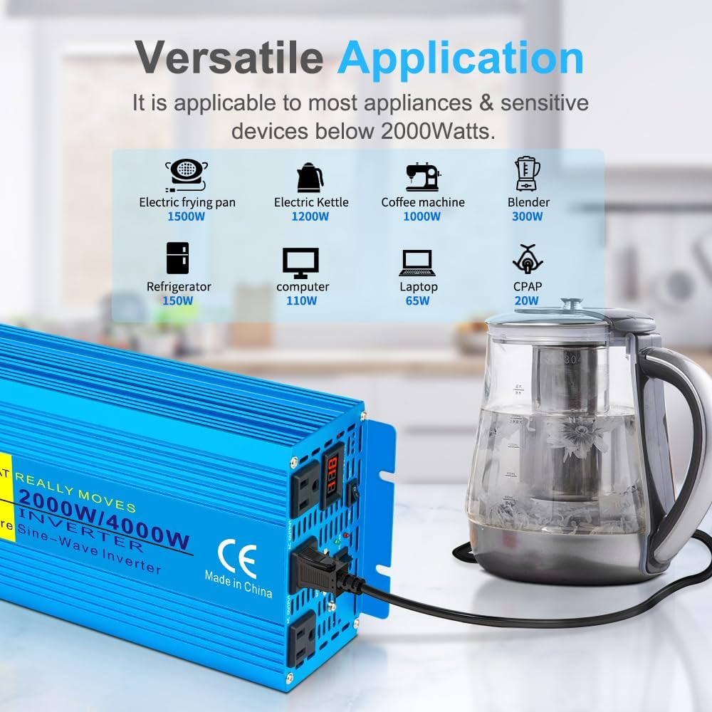 LVYUAN 2000 Watt Pure Sine Wave Inverter 24V to 110V 120V DC to AC with 3 AC Sockets, LED Display, Car Power Inverter for Vehicles Home RV Camping Truck Solar System