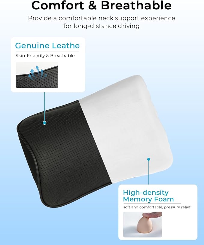 Aukee Car Headrest Pillow with Genuine Leather Cover Memory Foam Neck Cushion with 4 Extension Straps Adjuatable and Comfortable for Driving Home Office Black (Pack of 2)