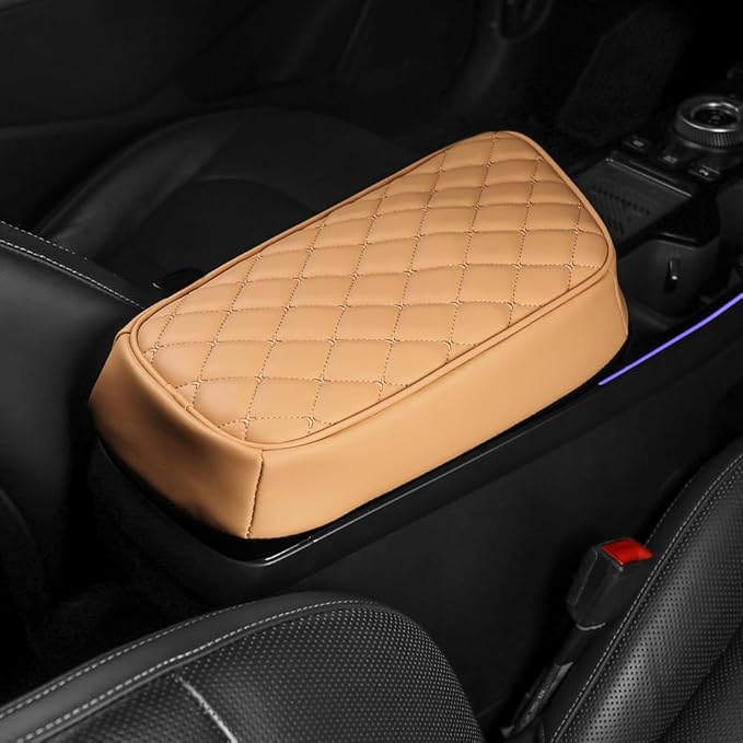 Car Armrest Cushion Cover Compatible with Kia EV6 2022-2026 Accessories, Leather Center Console Armrest Pad(Brown)