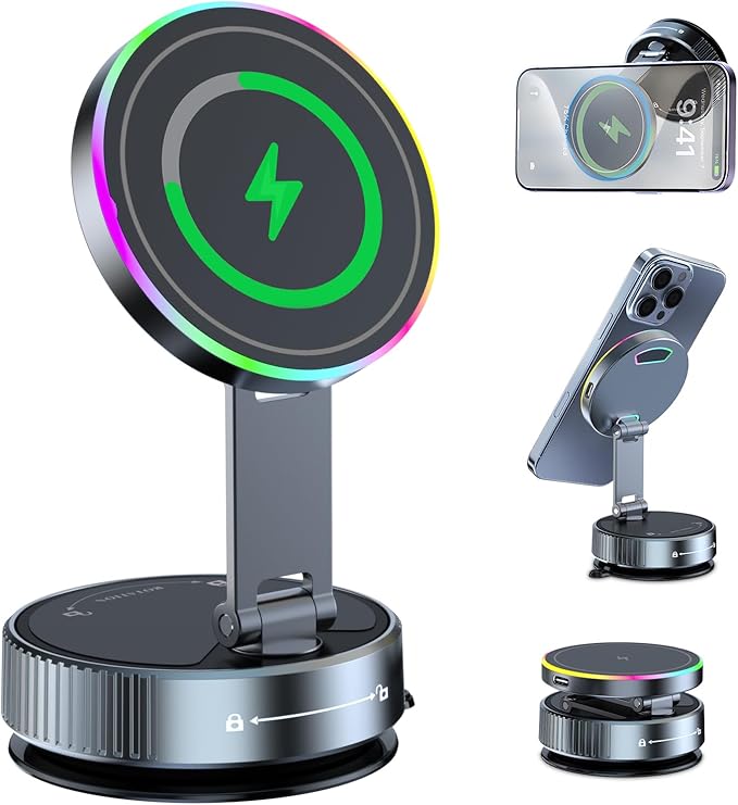 MagSafe Car Mount Charger 15W, Magnetic Wireless Car Charger with Vacuum Suction Cup, Strong Magnet Phone Holder for Dashboard, Compatible with iPhone 12-17 Pro Max & Android
