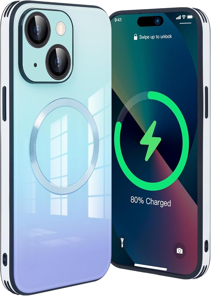 Guppy Compatible with iPhone 13 with MagSafe Case, Magnetic Gradient Case with MagSafe Charging, Gradient Glass Back Cover with Lens Film-Blue