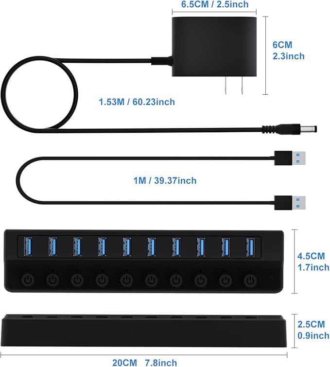 ONFINIO Powered USB Hub 3.0, 10-Port USB Splitter Hub with Individual On/Off Switches and 12V/2A Power Adapter USB Extension