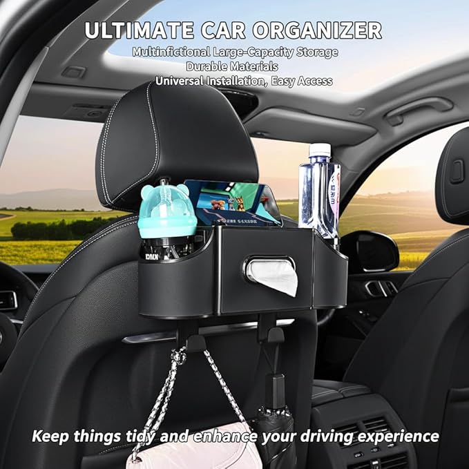 Backseat Car Organizer, 4-in-1 Car Organizer Back Seat with Cup Holder & Tissue Box, Multi-Pocket Car Back Seat Organizer for Phone, Drinks, Travel & Daily Use (Black)