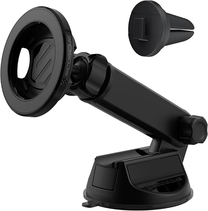 Scosche MagSafe Car Mount, Suction Cup Magnetic Windshield/Dashboard Cell Phone Holder with Vent Clip & Adjustable Flip Arm Compatible with PopSockets Grips, iPhone 16/15/14/13/12, Samsung Galaxy