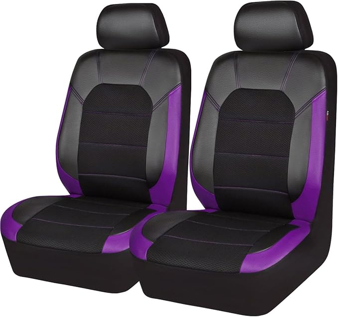 CAR PASS Leather Car Seat Covers Front Seats only, with Air Mesh Front Seat Covers Breathable, Cool Automotive Seat Covers 2 Pack, Universal Fit Most Cars,SUV,Truck,Van Airbag Compatible(Black Purple)