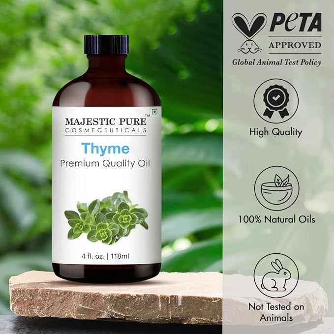 Majestic Pure Essential Oil with Glass Dropper - 100% Pure and Natural - Essential Oils for Diffuser, Aromatherapy, Soap and Candle Making, Thyme Essential Oil, Thyme Oil, 4 Fl Oz