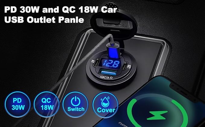 DC 12V Die Cut Mount USB Charger Aluminum Charger 4 USB Ports Dual PD and Dual QC Ports with Voltage Display Meter for Car, RV, Boat, Motorcycle and Panel Mount