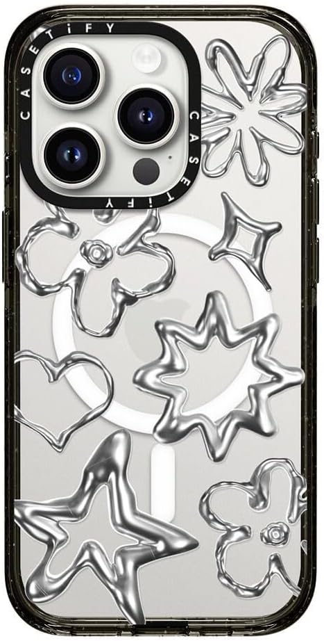 CASETiFY Impact iPhone 15 Pro Case [4X Military Grade Drop Tested / 8.2ft Drop Protection/Compatible with Magsafe] Chrome Doodles - Clear Black