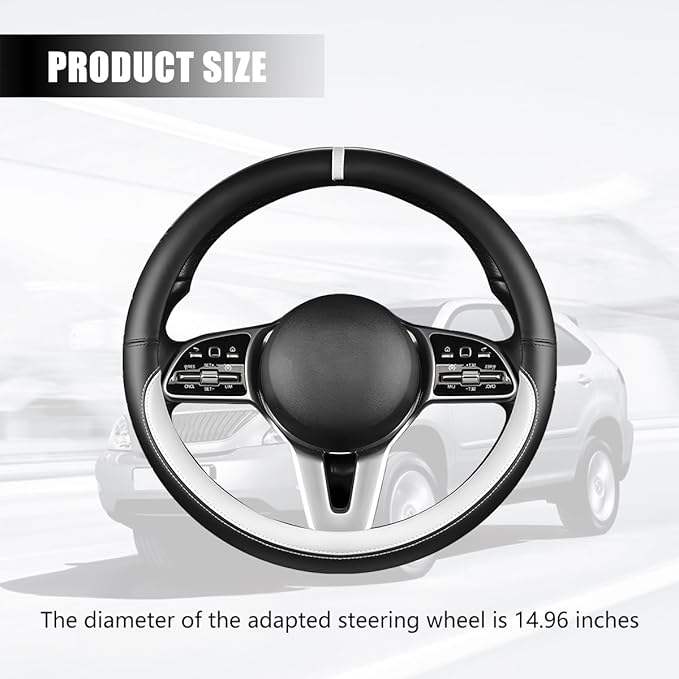 Car Steering Wheel Cover, 15 Inch Leather Anti-Slip Breathable Vehicle Steering Wheel Protector, Automotive Interior Protection Accessories, Universal for SUV Sedan Truck (Black/White)