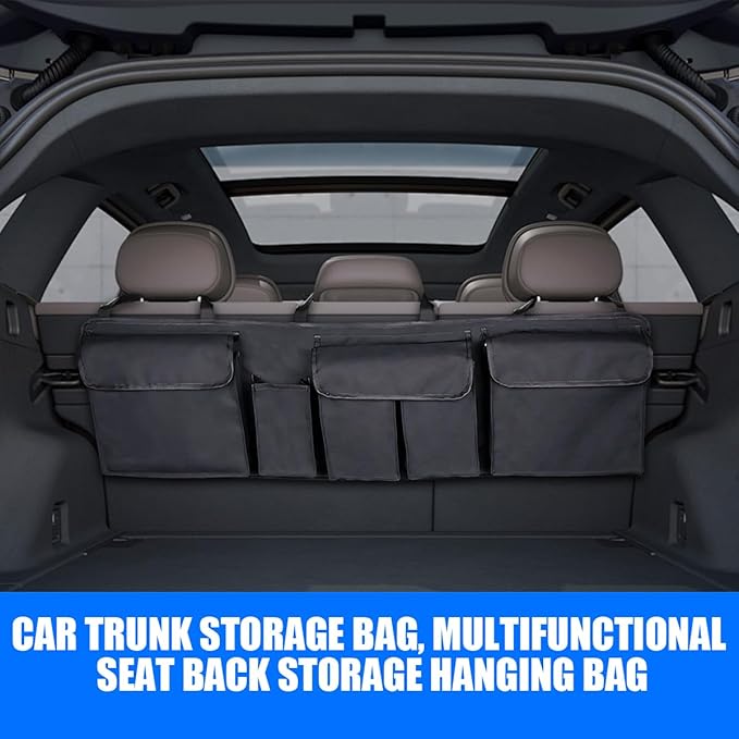 Car Trunk Organizer, Foldable Vehicle Backseat Hanging Organizer with 5 Large Compartments, Space Saving Waterproof Automotive Interior Seat Back Storage Bag, Universal Fit