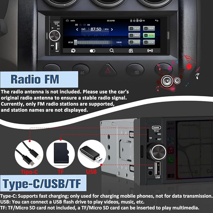 Universal Single Din Car Stereo with Wireless CarPlay & Android Auto, 6.36 Inch IPS Touch Screen Head Unit with Backup Camera/External Microphone, Car Radio Supports Bluetooth/SWC/FM/USB/TF