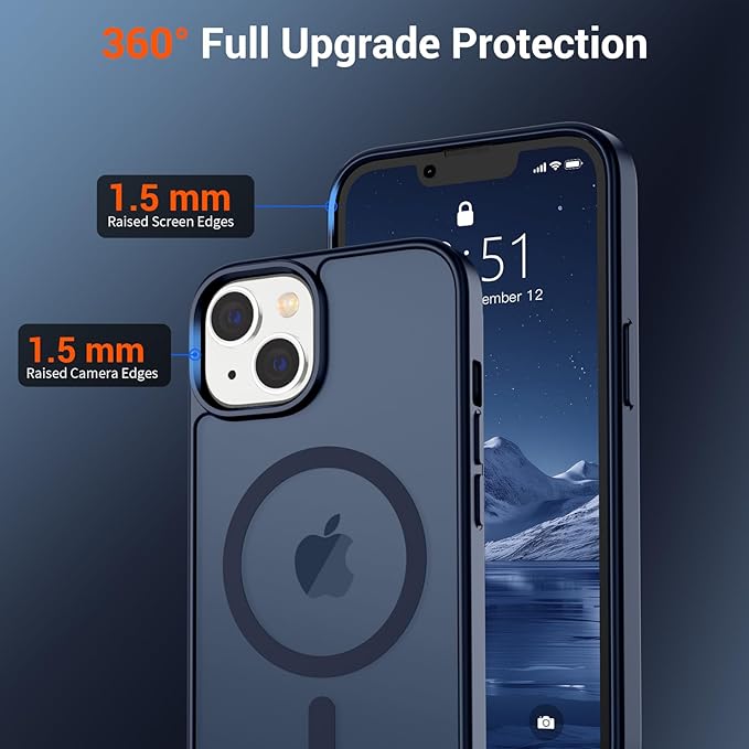SUPFINE Magnetic for iPhone 14 Case & iPhone 13 Case with Screen Protector (Compatible with MagSafe)(Military Grade Drop Protection) Translucent Matte Shockproof Phone Cover,Dark Blue