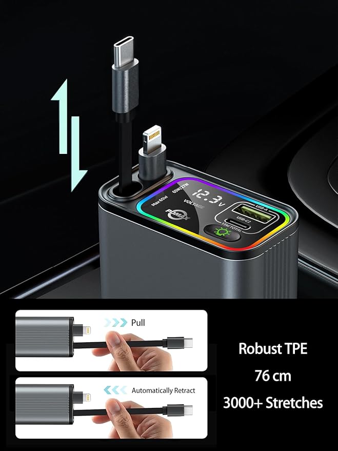 Retractable Car Charger USB C,107W Type C Car Charger Fast Charging with Dual Retractable Cable and USB Ports for iPhone 17/16/15,S25/24/23/22, Pixel 9/8/7(Build-in USB-C & Lightning Cable)