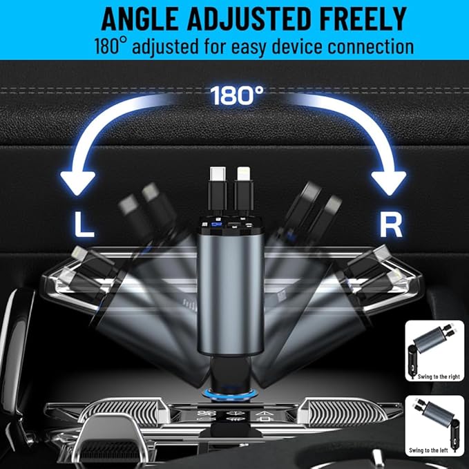 Retractable car Charger USB C, 4 in 1 Fast Car Phone Charger 120W, USBC and Lightening Car Adapter, iPhone 16 pro car Charger, Compatible with iPhone 16/15/14/13/12/11- Pro Max, Galaxy, Pixel