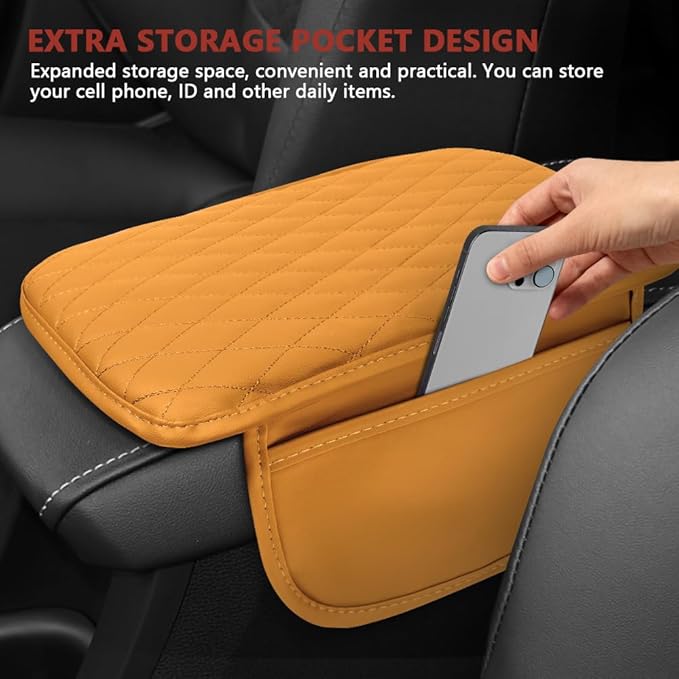 Car Center Console Cover, 12"×7.87" Waterproof Leather Auto Armrest Cover Protector with 2 Pocket, Comfortable Arm Rest Box Cushion Pad, Universal Interior Car Accessories (Yellow)