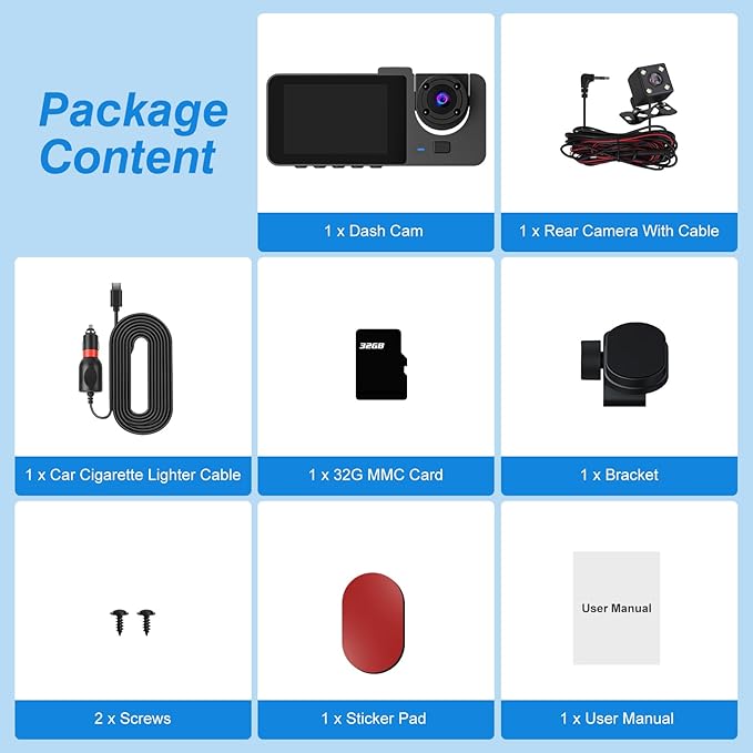 3 Channel Dash Cam Front and Rear Inside,1080P FHD Car Camera with 32G MMC Card, Night Vision, G-Sensor, Motion Detection, Parking Monitor, Loop Recording for Cars, SUVs, Trucks