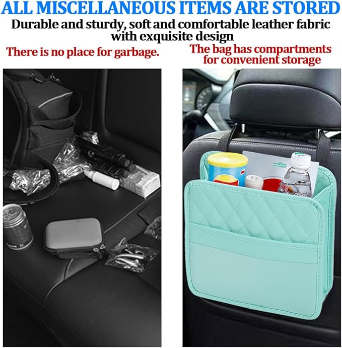 Car Seat Back Organizer, Foldable Leather Vehicle Backseat Storage Bag, Multifunctional Automotive Interior Hanging Pocket Accessories, Universal Fit (Green)