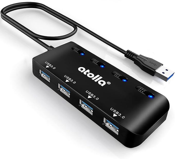 USB Hub, 4-Port USB 3.0 Hub Splitter with 2 ft Extended Cable, Ultra Slim Data USB Extender with Individual Power Switches and LED