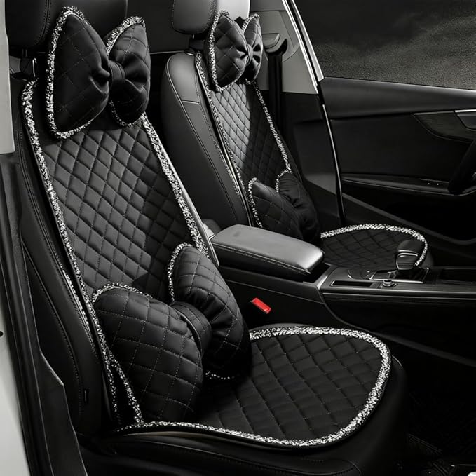 Cute Car Seat Cover for Women Include Butterfly Bow Headrest Pillow Lumbar Support Pillow and Car Front Seat Cushion and Back Cushion for Most Vehicles