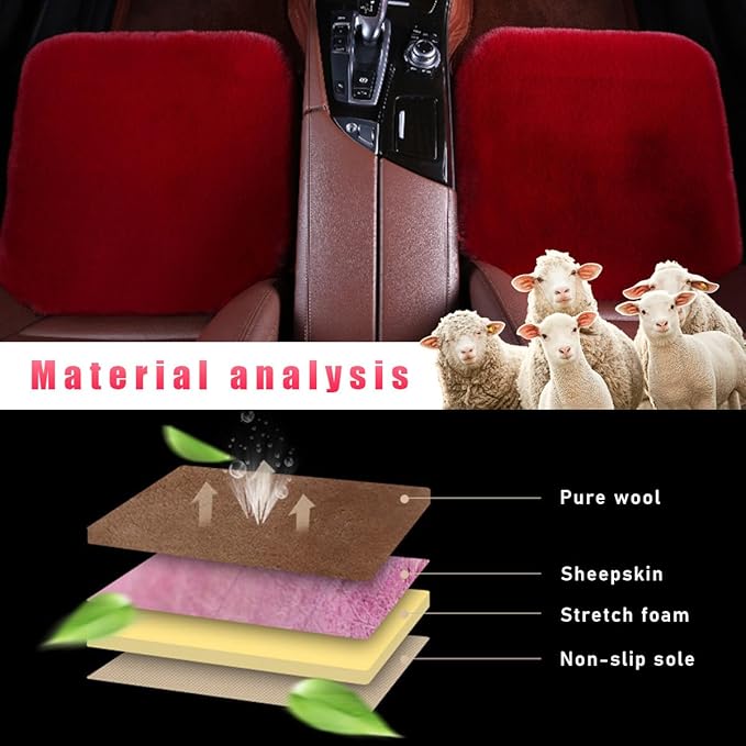 Sheepskin Car Seat Cushion, Comfortable Soft Fur Wool Auto Front Seat Cover, Vehicle Seat Protector Pad for Warm Winter Office Chair, Universal Decor Car Accessories (Wine Red)