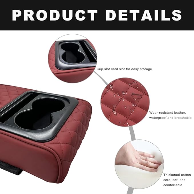 Car Center Console Armrest Pillow, 14"×8.3" Waterproof Leather Armrest Box Cover with Cup and Phone Holder, Soft Memory Foam Arm Rest Console Pad Protector for SUV Truck (Wine Red, Embroidery)
