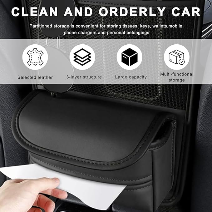 Car Purse Holder Between Seats, Nappa Leather Front Seat Storage Bag with Tissue Holder, Large Capacity Automotive Console Organizer for Document Phone Wallet, Car Accessories (Black)