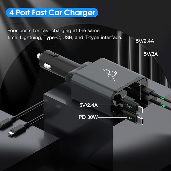 Retractable 70W 4 in 1 Car Charger with Retractable Cord, Fast Car Phone Charger Adapter Compatible with iPhone 16/15/14/13/12/11, Pixel, Samsung, USB C, Type C, Black (2024)
