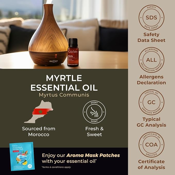 100% Pure Myrtle Essential Oil - 0.34 Fl Oz - Myrtle Oil for Hair, Skin, Diffuser, Aromatherapy & DIY Candle Making Scent