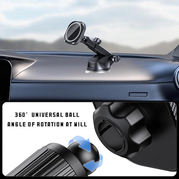 Car Magnetic Phone Holder for Dashboard, 360° Rotation Hands Free Automotive Windshield Phone Mount with Suction Cup, Compatible with 11 12 13 14 15 Pro Max, Universal for SUV Truck RV