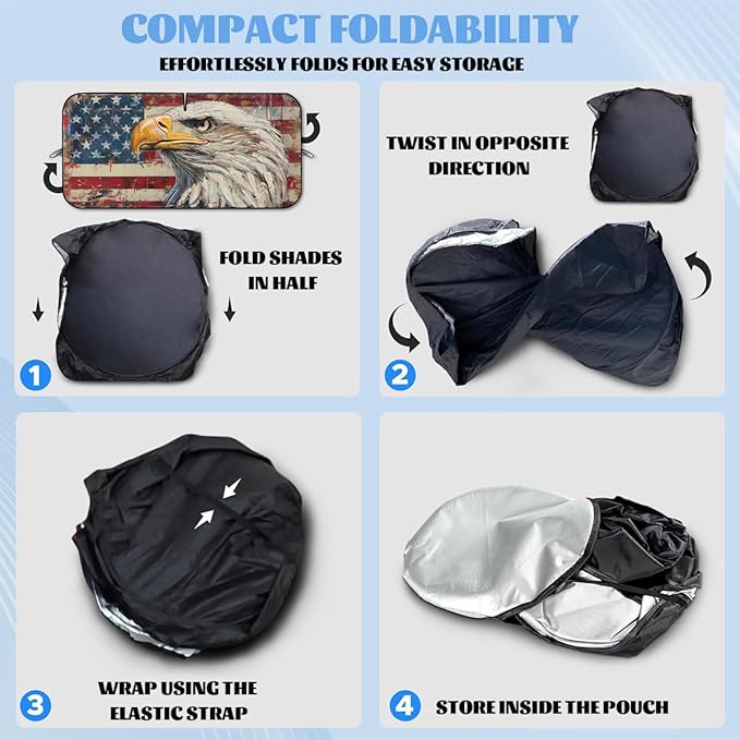 Bald Eagle American Flag Car Windshield Sunshade Folding, UV Rays Sun Shade Visor Protector, Universal Fit for SUV, Truck, Sedan, Easy to Install and Remove