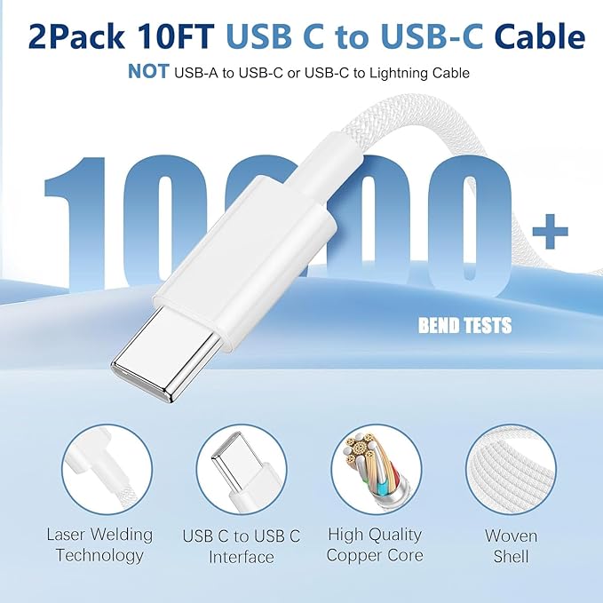 iPhone 17 16 15 Charger Fast Charging, 2Pack 10FT Extra Long USB C to C Fast Charging Cord Woven Cable 20W USB C Charger Block for iPhone 17 Pro Max/Air/16 Plus/15/15 ProMax/iPad Pro/Air/Mini/AirPods