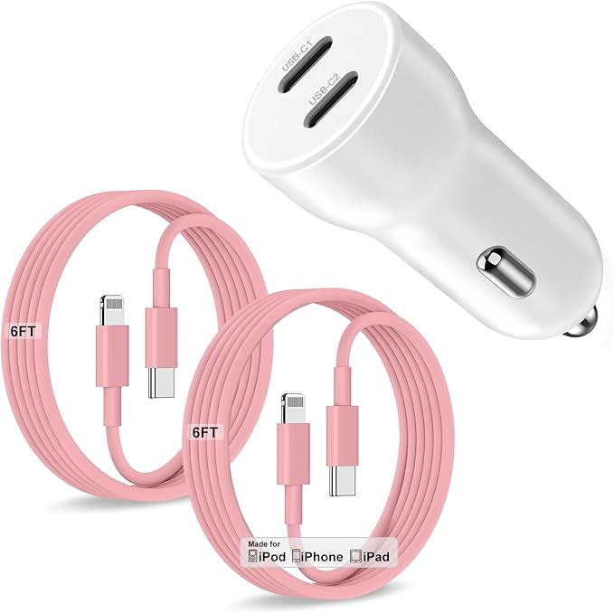 iPhone 14 13 Car Charger, Certified 45W Dual Port USB C Rapid Apple Car Adapter with 6ft Type C to Lightning Cable Fast Charging for iPhone 14 Pro/14 Pro Max/14 Plus/13/12/11/X/XS/SE,iPad-Pink