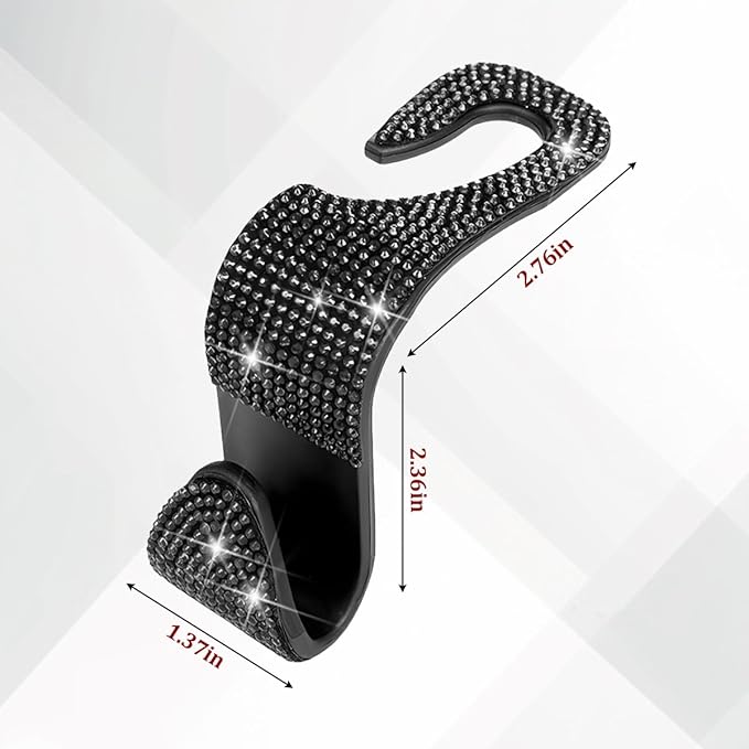 4PCS Bling Car Seat Headrest Hooks, Crystal Rhinestone Vehicle Back Seat Hanger Holder, Auto Interior Headrest Hanging Storage Organizer for Purse Handbag Coat, Universal Fit (Black)