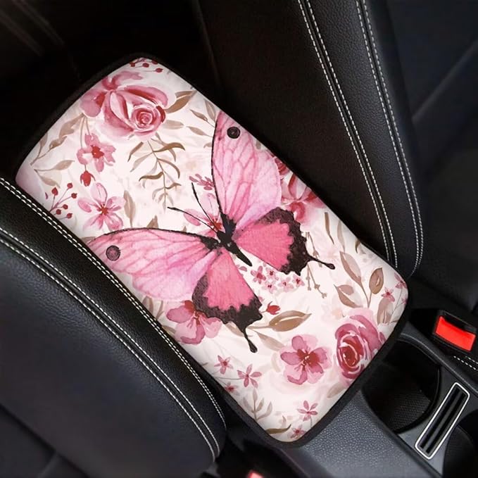 Coldinair Pink Floral Universal Car Center Console Pad Soft Armrest Protector Cover Fit for Most Vehicle,SUV,Truck,Car Interior Accessories Decor,Butterfly
