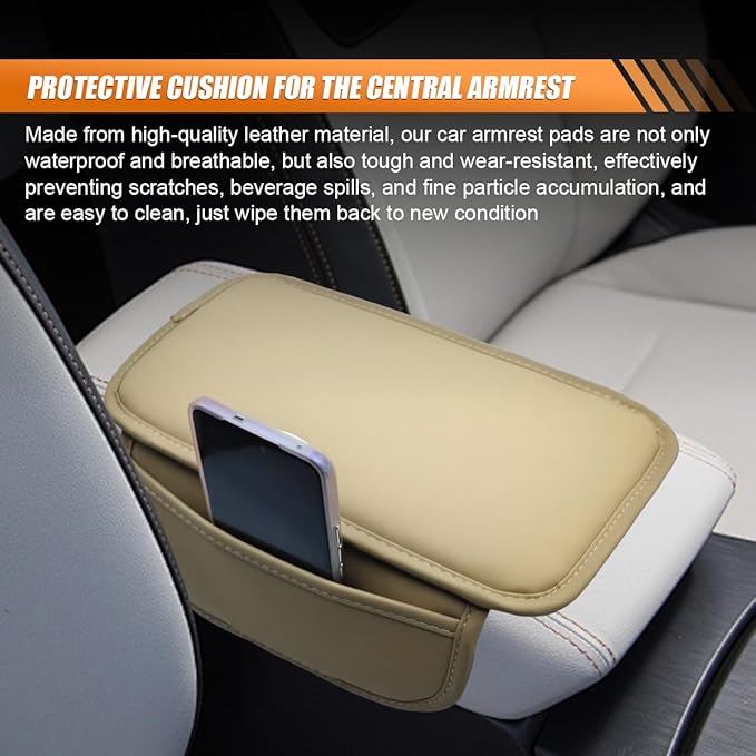 Car Center Console Cover, Leather Waterproof Auto Arm Rest Pad with Storage Bag, Scratch Resistant Middle Console Protector, Comfortable Vehicle Interior Accessories for Sedan SUV (Beige)