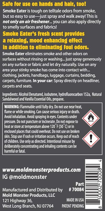 Smoke Eater Odor Eliminator Aerosol Spray, Sandalwood Vanilla, 3.5 oz — Tea Tree Oil Breaks Down Smoke at the Molecular Level