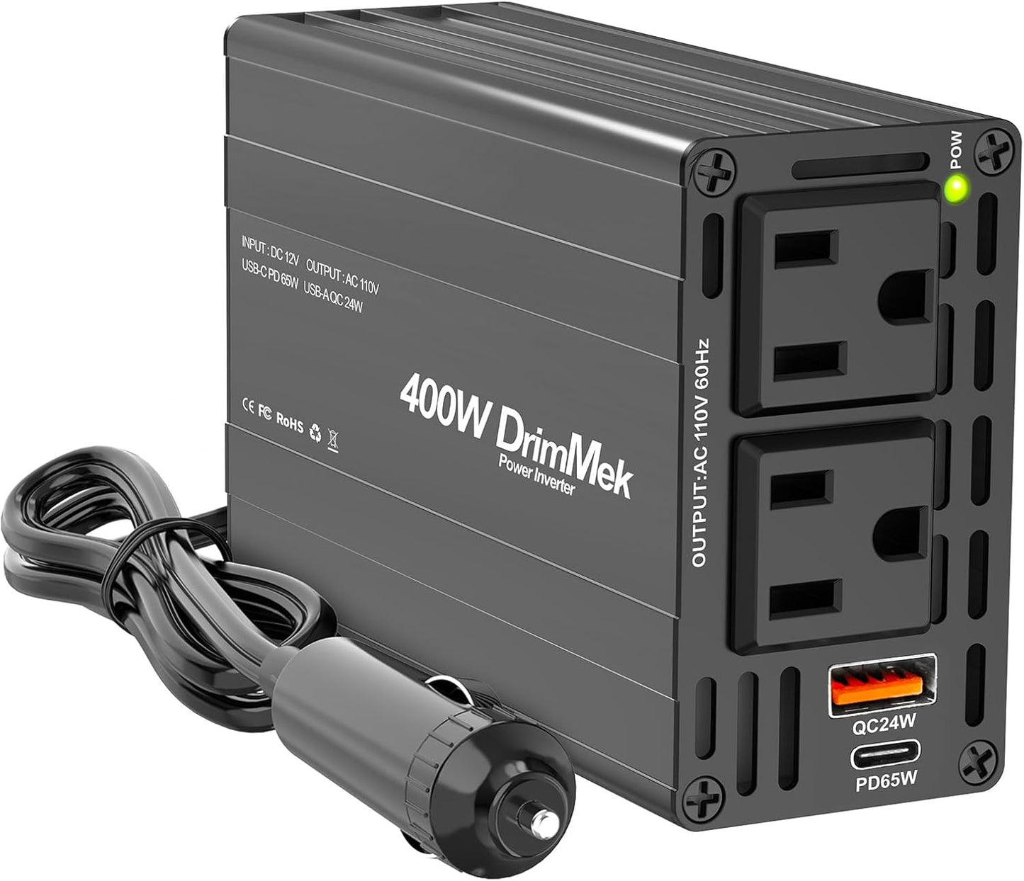 400W Car Power Inverter - Dual DC 12V to 110V AC Car Plug Adapter Outlets, Fast Charging USB C 65W & 24W Port, Power Inverters for Vehicles, Laptop Car Charger, Road Trips