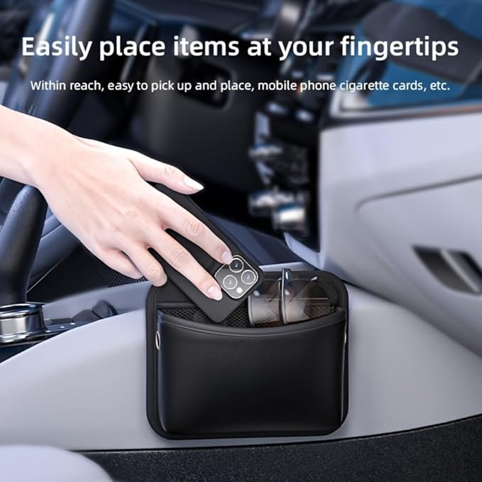 Car Seat Side Pocket Organizer - PU Leather Auto Door Console Mini Storage Bag for Keys, Phone, Sunglasses, Registration, and Documents (Black)