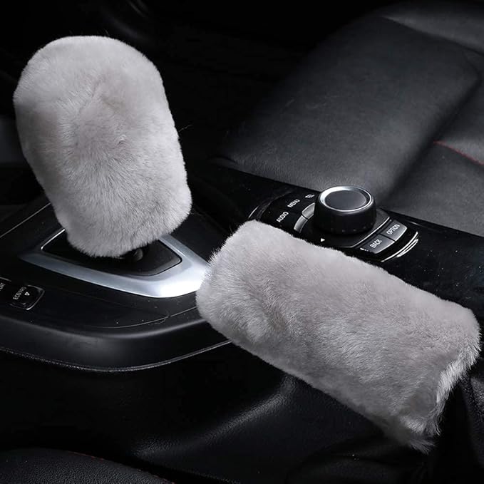 3Pcs/Set Pure Wool Fur Furry Steering Wheel Cover, Soft Fluffy Handbrake Cover Gear Shift Cover for Women Car SUV Truck Australia Sheepskin Accessories