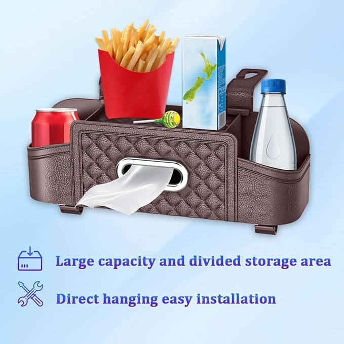 Car Headrest Backseat Organizer, Multifunctional Vehicle Seat Back Hanging Storage Box with Cup Holder and Hooks, Automotive Interior Headrest Storage Organizer, Universal Fit (Brown)