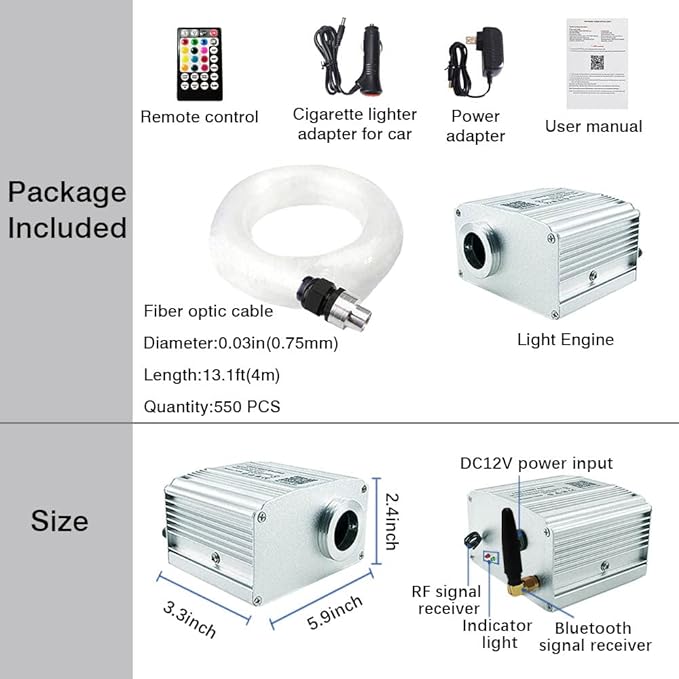 FIREWORK Starlight Headliner Kit, Fiber Optic Lights 10W RGBW Twinkle+Music Sync Effect+APP+Remote, 550pcs 13.1ft/4m 0.03in/0.75mm Fiber Cable for Star Lights for Car/EV & Home Theater Ceiling