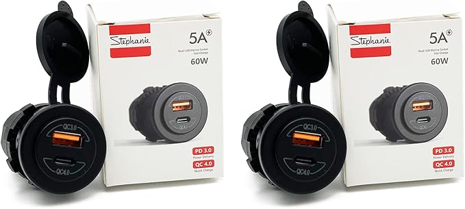 12/24V Socket Dual USB Type C PD 3.0 (60W) + USB A (36W) Fast Charger for Car, Boat, Marine & RVs (2-Pack)