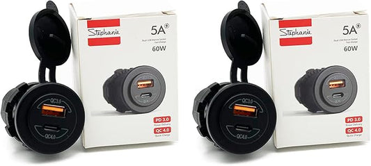 12/24V Socket Dual USB Type C PD 3.0 (60W) + USB A (36W) Fast Charger for Car, Boat, Marine & RVs (2-Pack)